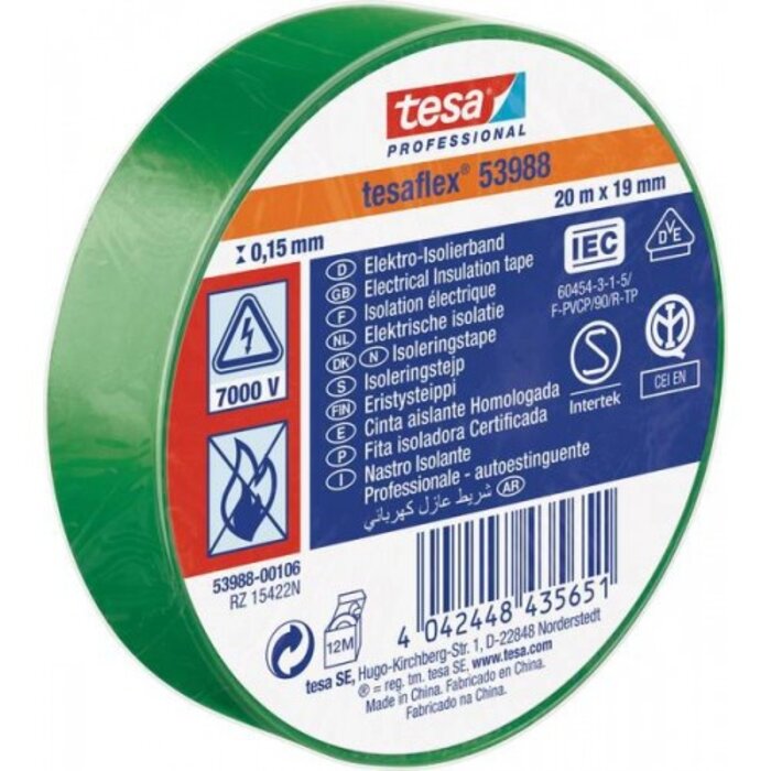 Tesa PVC isolatietape Tesaflex  groen 19 mm × 20 m – hoogwaardige professionals kwaliteit