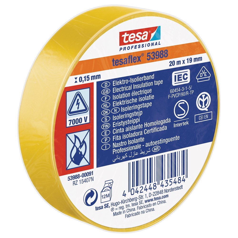 Tesa PVC isolatietape Tesaflex geel 19 mm × 20 m – hoogwaardige professionals kwaliteit