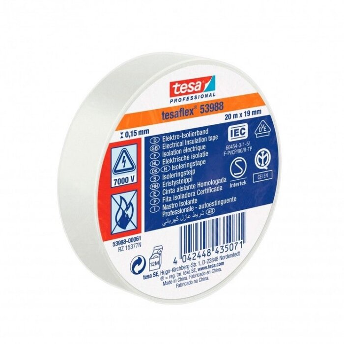 Tesa PVC isolatietape Tesaflex  wit 19 mm × 20 m – hoogwaardige professionals kwaliteit