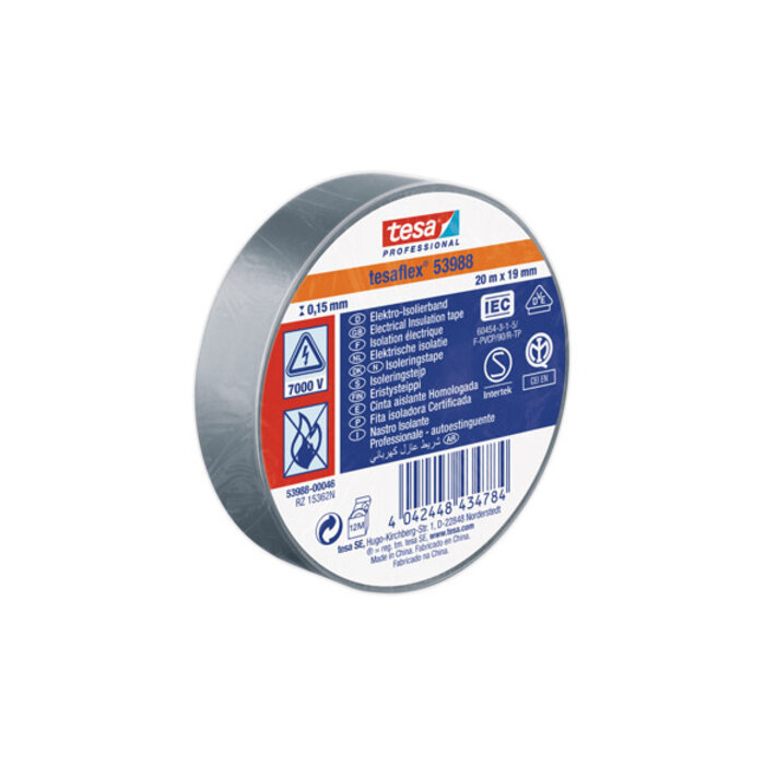Tesa PVC isolatietape Tesaflex  grijs 19 mm × 20 m – hoogwaardige professionals kwaliteit