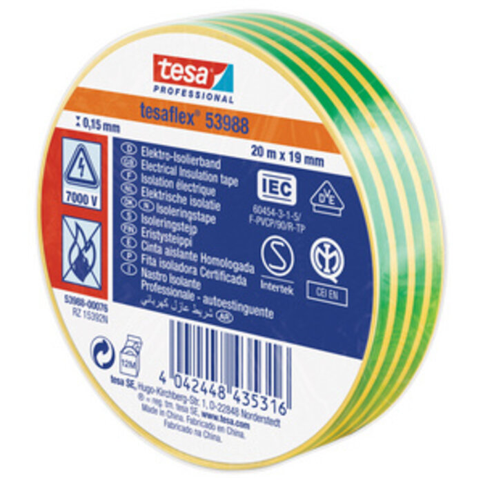 Tesa PVC isolatietape Tesaflex  groen/geel 19 mm × 20 m – hoogwaardige professionals kwaliteit