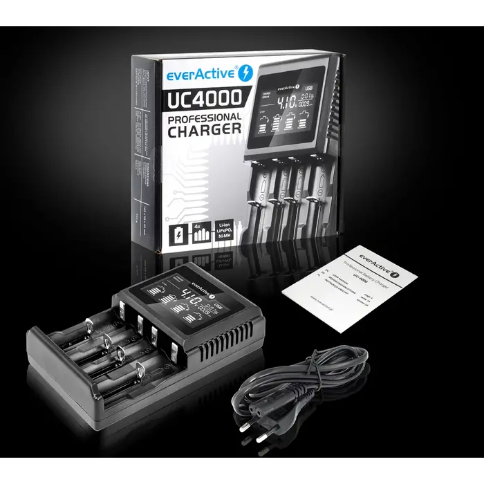EverActive UC4000 professionele 4‑kanaals smart charger – Li‑ion, Ni‑MH, LiFePO4 met reactivatie & capaciteitsmeting