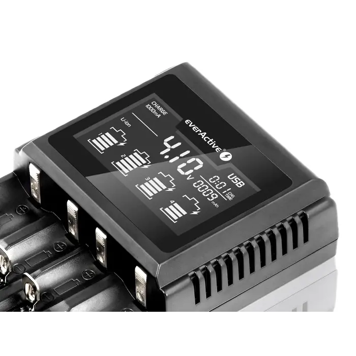 EverActive UC4000 professionele 4‑kanaals smart charger – Li‑ion, Ni‑MH, LiFePO4 met reactivatie & capaciteitsmeting