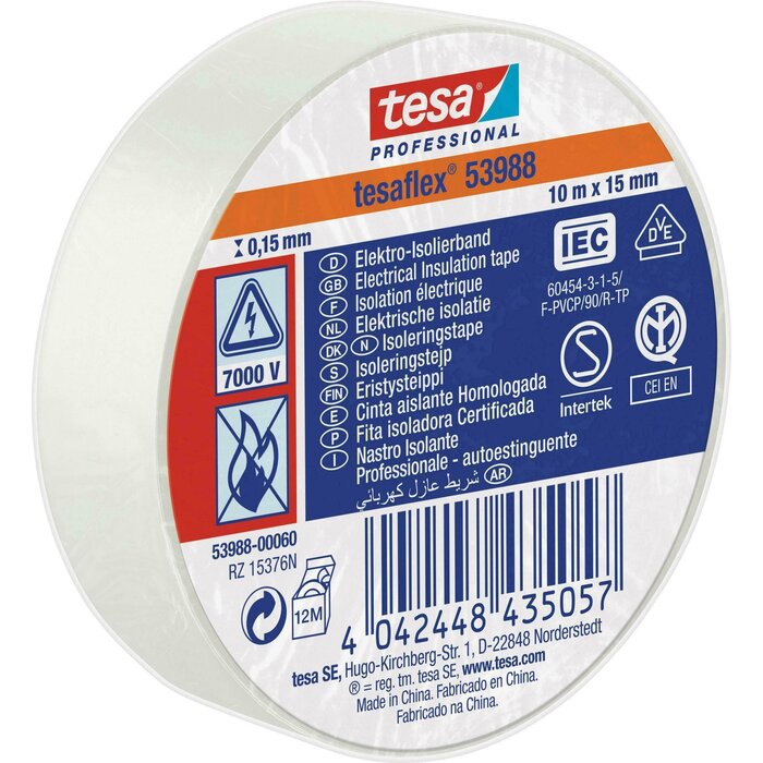 Tesa PVC isolatietape Tesaflex wit 15 mm × 10 m – hoogwaardige professionals kwaliteit