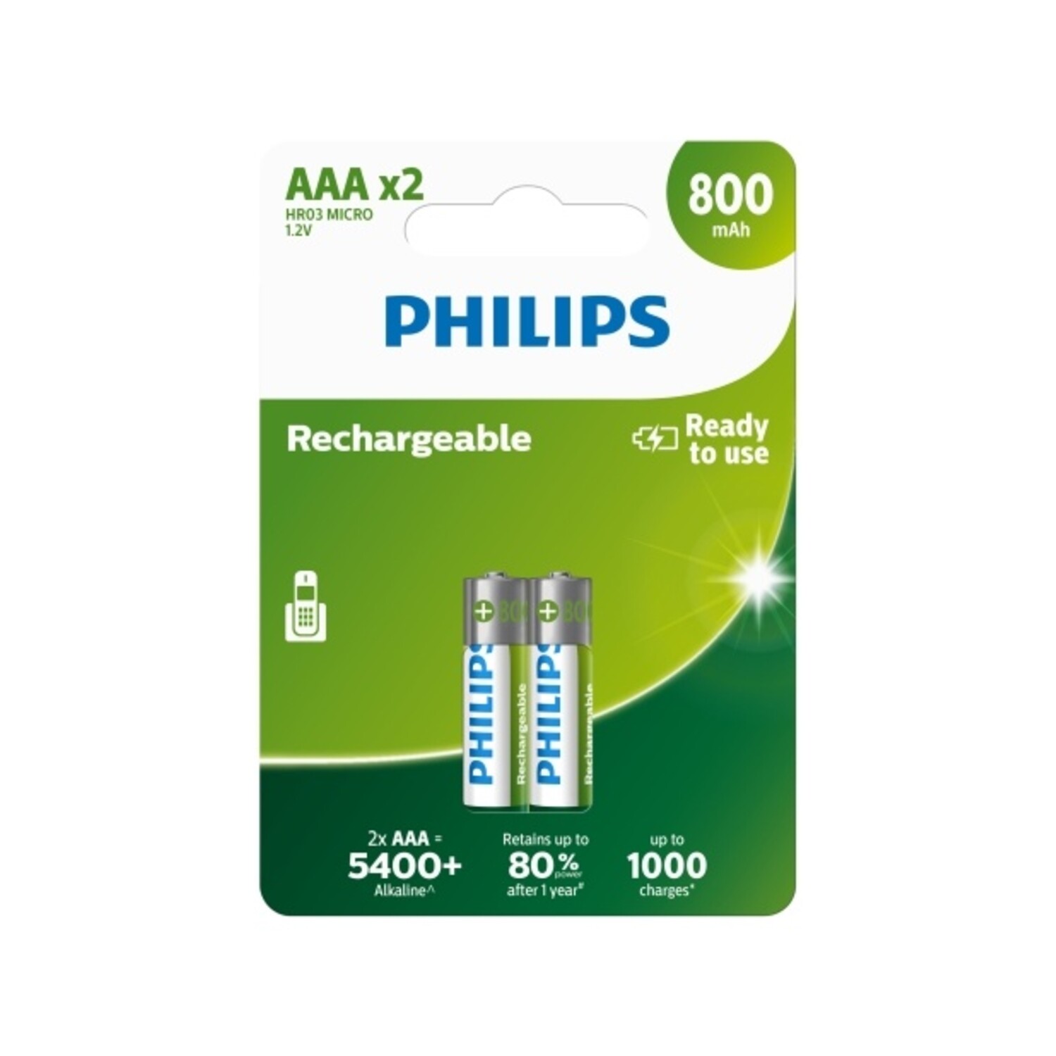 AAA Micro Penlite 800 mAh, 2 stuks Philips - BeterBatterij