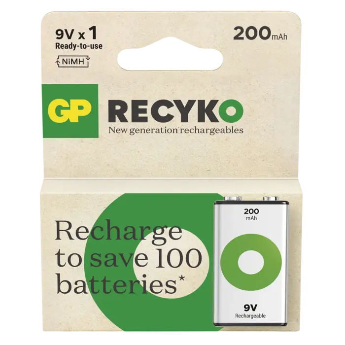 GP Batteries ReCyko 9V NiMH oplaadbare batterij 200 mAh – pre‑charged, tot 500 cycli, laag zelfontlading