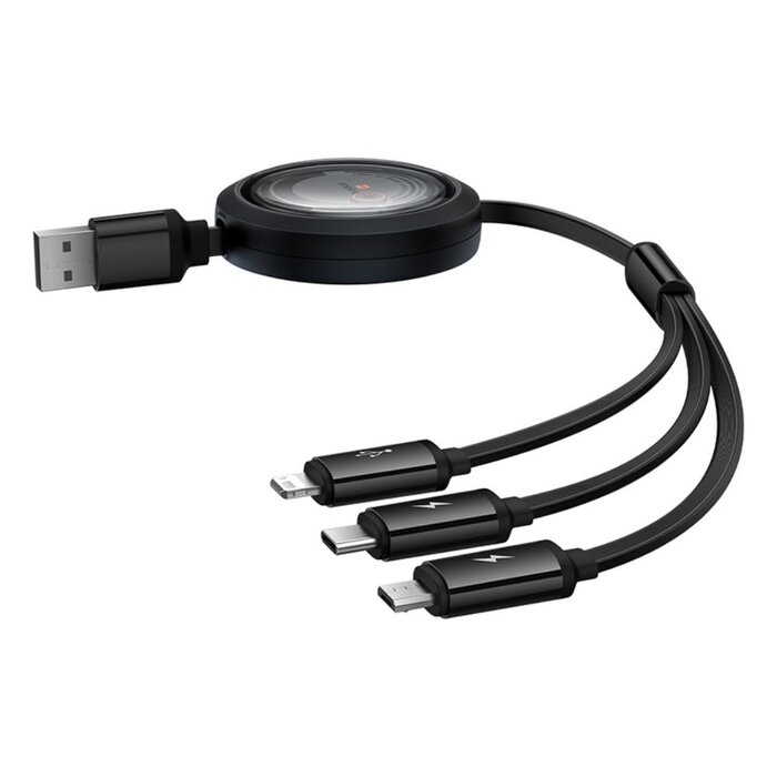 Baseus 3in1 USB-kabel - 100W USB-C, Lightning, micro-USB 110cm oprolbaar