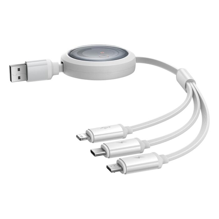 Baseus 3in1 USB-kabel - 100W USB-C, Lightning, micro-USB 110cm oprolbaar Wit