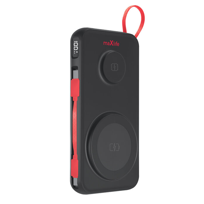 maXlife 10.000 mAh Wireless Powerbank Zwart – MagSafe 3‑in‑1, USB‑C & USB‑A poorten, 22.5 W output, ingebouwde USB‑C kabel
