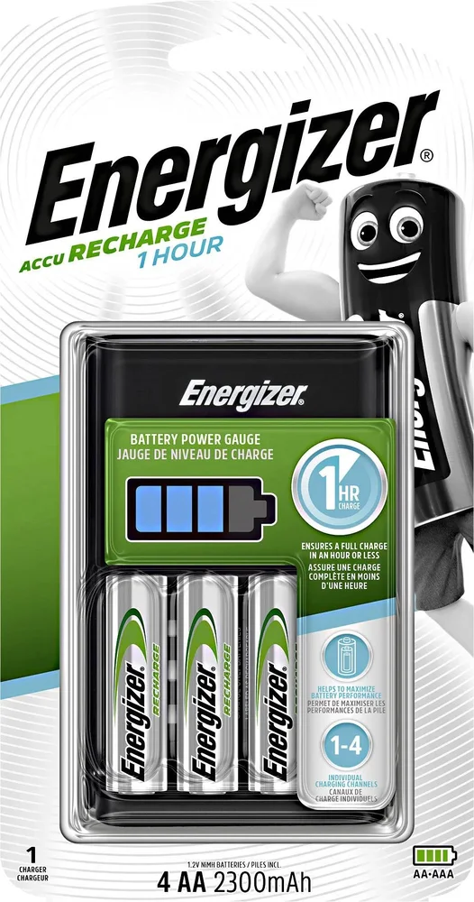 Energizer 1 uur Snellader voor AA en AAA NiMH‑batterijen (Inclusief 4x AA 2300 mAh)
