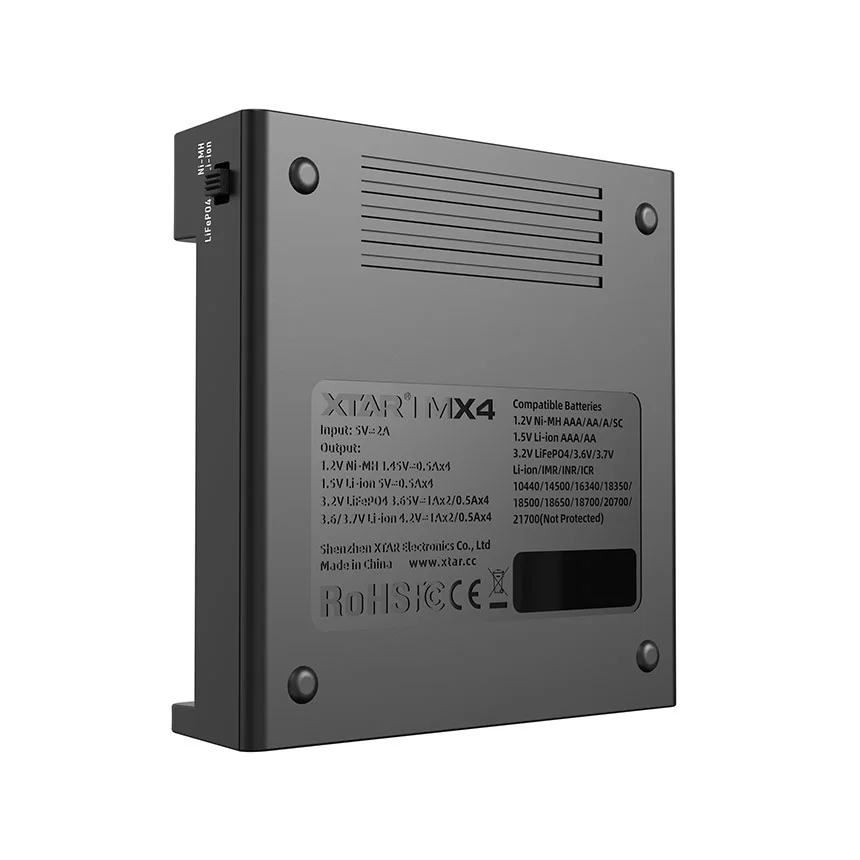 XTAR MX4 Universele 4‑sloten Smart Batterijlader (USB‑C) voor Li‑ion, LiFePO₄ en NiMH