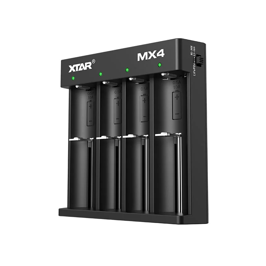 XTAR MX4 Universele 4‑sloten Smart Batterijlader (USB‑C) voor Li‑ion, LiFePO₄ en NiMH