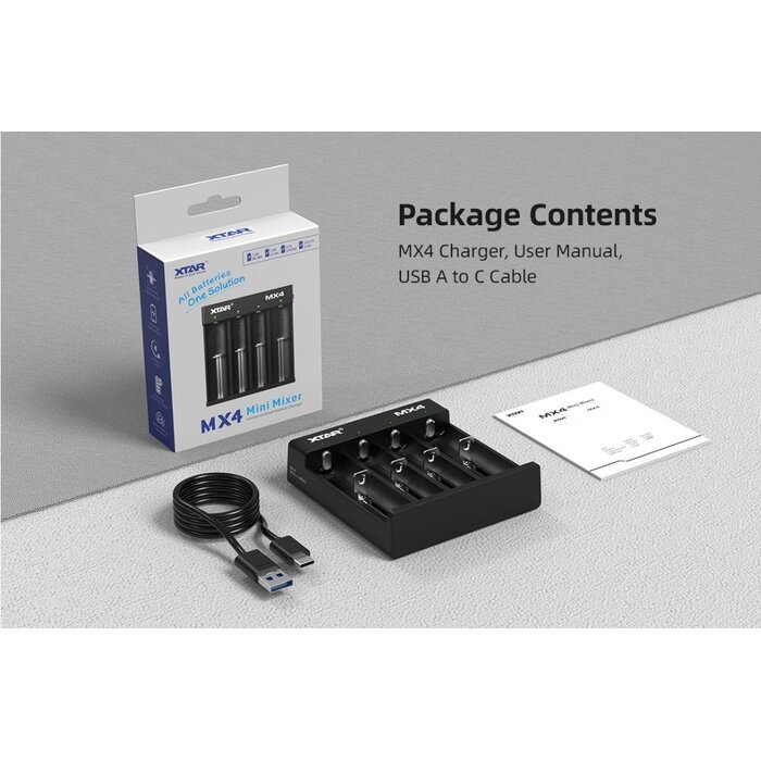 XTAR MX4 Universele 4‑sloten Smart Batterijlader (USB‑C) voor Li‑ion, LiFePO₄ en NiMH