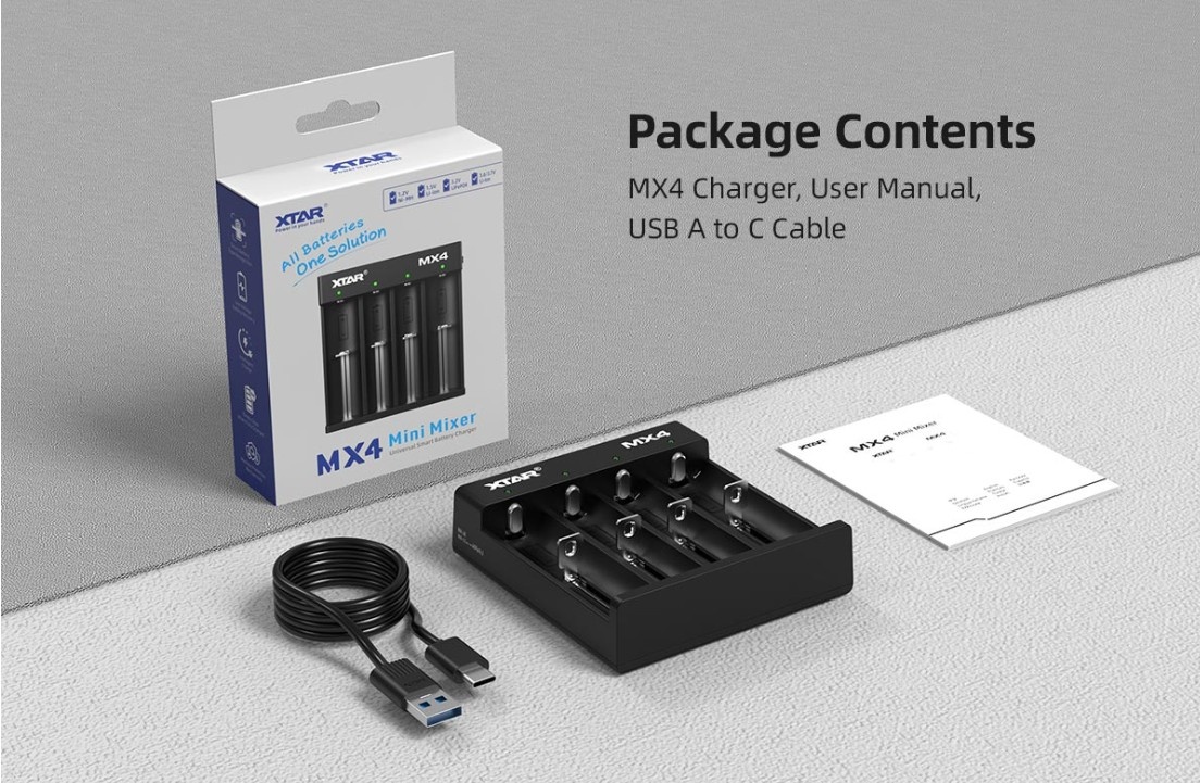XTAR MX4 Universele 4‑sloten Smart Batterijlader (USB‑C) voor Li‑ion, LiFePO₄ en NiMH