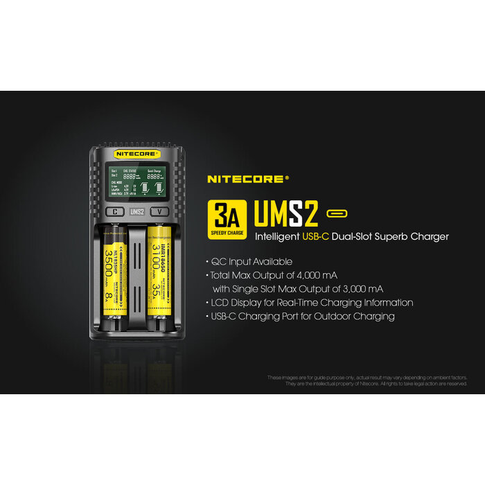 Nitecore UMS2 USB Dual-Slot Snellader - LCD Display - Geschikt voor Li-ion, IMR, Ni-MH, Ni-Cd - Max 3000mA