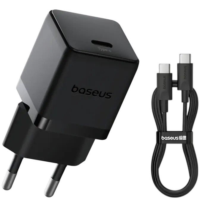 Baseus Palm  Fast AC Charger 20W - USB-C Power Delivery 3.0 - Inclusief 1m USB-C naar USB-C Kabel - Zwart