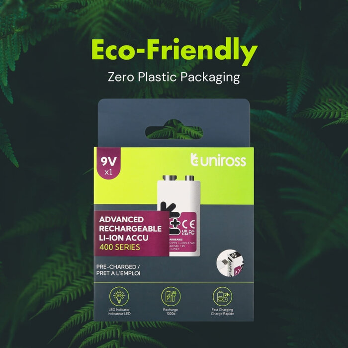 everActive Uniross USB-C Oplaadbare 9V Blok Batterij (E-Block) - Lithium-Ion - Inclusief Laadkabel - 1 Stuks