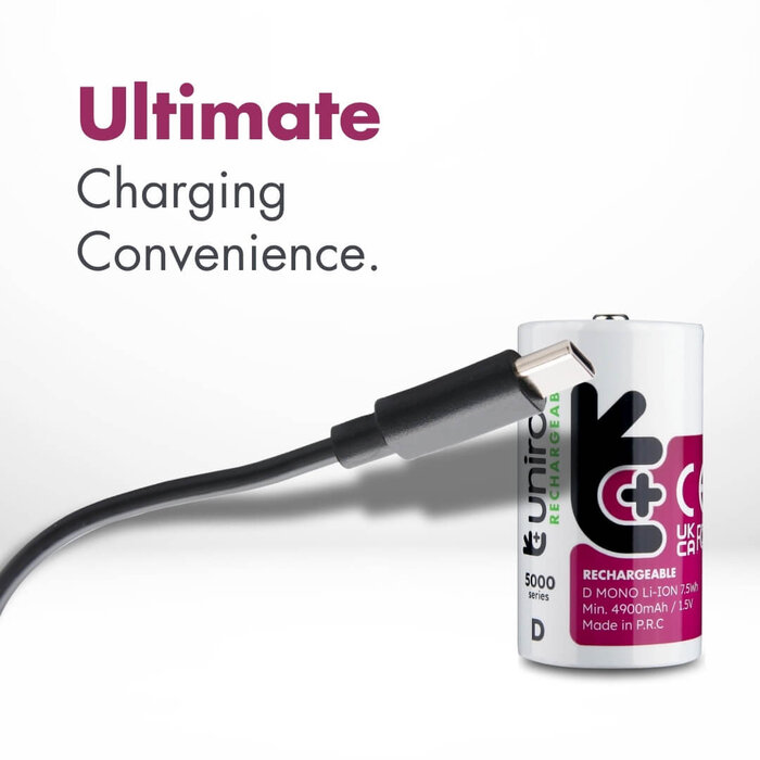 Uniross USB-C Oplaadbare D-cell Li-ion Batterijen - 1.5V Constante Output - 7500mWh - Set van 2 inclusief Laadkabel