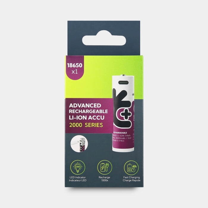 Uniross USB-C Oplaadbare 18650 Lithium-ion Batterij - 3.7V - 2000mAh - Inclusief USB-A naar USB-C Laadkabel