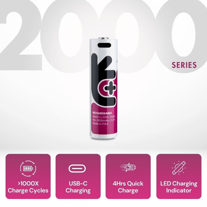 Uniross USB-C Oplaadbare 18650 Lithium-ion Batterij - 3.7V - 2000mAh - Inclusief USB-A naar USB-C Laadkabel