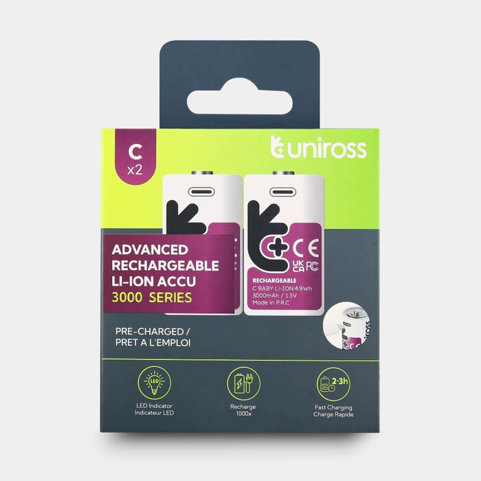 Uniross USB-C Oplaadbare C Batterijen - 1.5V Constante Output - 3000mAh / 4995mWh - Set van 2 inclusief 2-in-1 Laadkabel