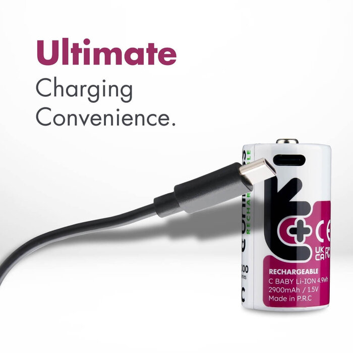 Uniross USB-C Oplaadbare C Batterijen - 1.5V Constante Output - 3000mAh / 4995mWh - Set van 2 inclusief 2-in-1 Laadkabel