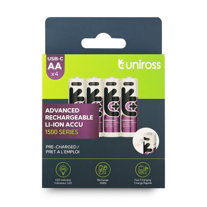 Uniross USB-C Oplaadbare AA Li-ion Batterijen - 1.5V Constante Output - 1500mAh / 2400mWh - Set van 4 inclusief 4-in-1 Laadkabel