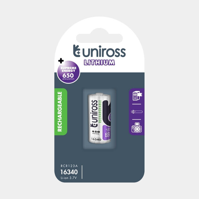 Uniross RCR123A (16340) Oplaadbare Li-ion Batterij - 3.7V - 650mAh - Hoge Energiedichtheid - Per stuk