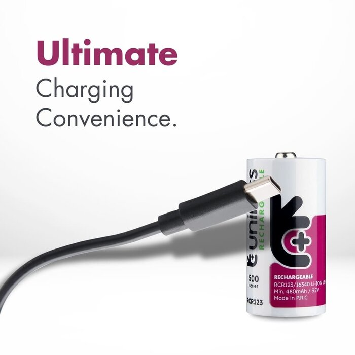 Uniross USB-C Oplaadbare RCR123 (16340) Li-ion Batterij - 3.7V - 500mAh / 1170mWh - Inclusief USB-A naar USB-C Laadkabel