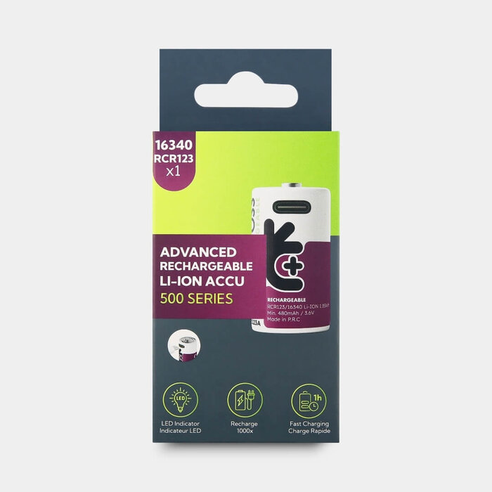 Uniross USB-C Oplaadbare RCR123 (16340) Li-ion Batterij - 3.7V - 500mAh / 1170mWh - Inclusief USB-A naar USB-C Laadkabel