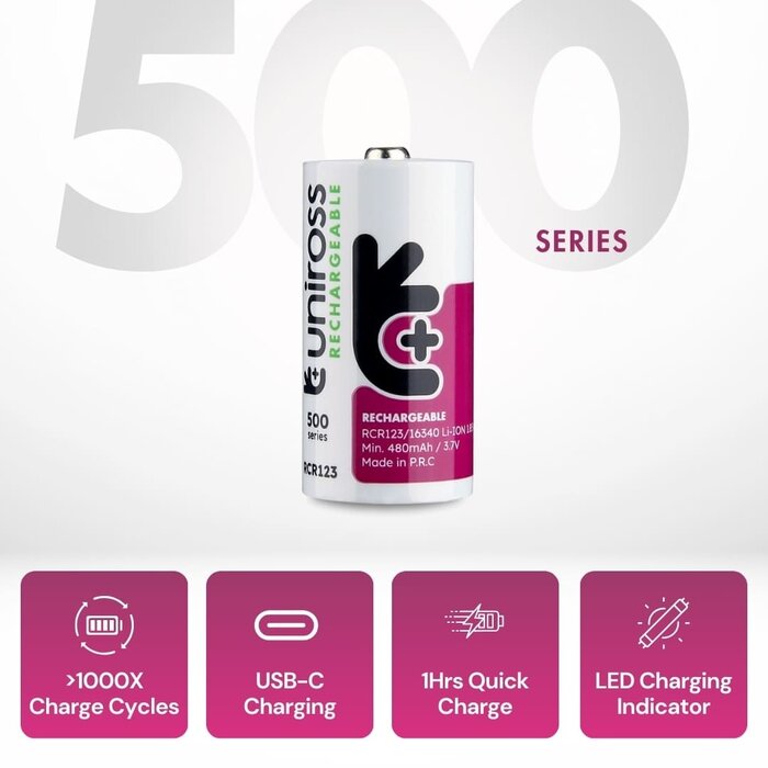Uniross USB-C Oplaadbare RCR123 (16340) Li-ion Batterij - 3.7V - 500mAh / 1170mWh - Inclusief USB-A naar USB-C Laadkabel