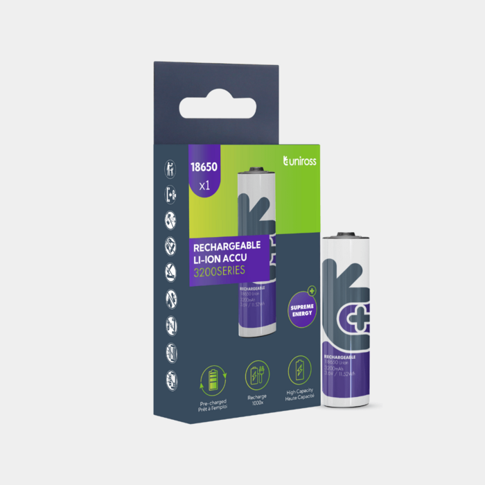 Uniross Uniross 18650 Oplaadbare Li-ion Batterij - 3.6V - 3200mAh (High Capacity) - Industriële Cel (Flat-top)