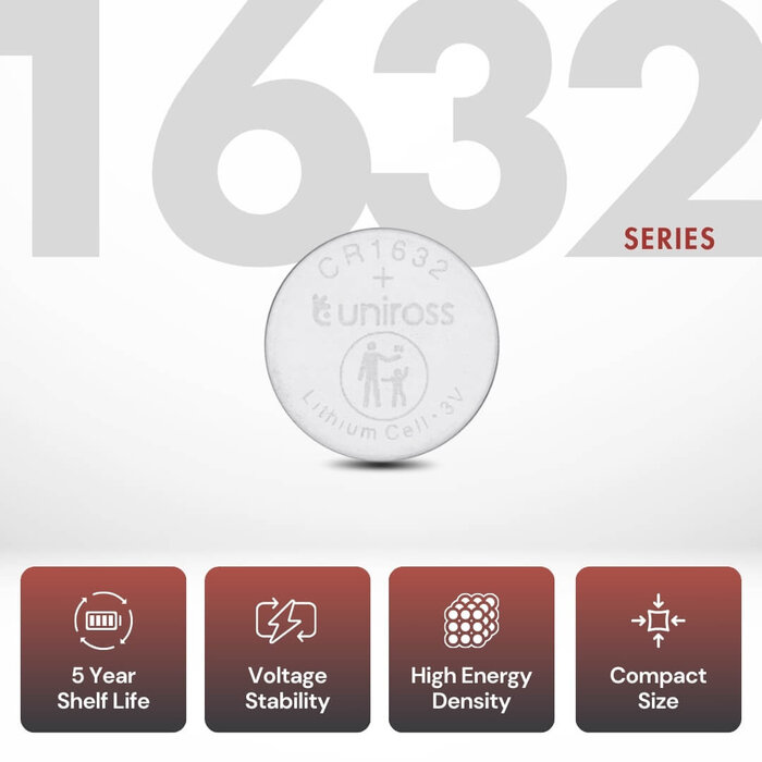 Uniross CR1632 Lithium Knoopcel Batterijen - 3V - 130 mAh - Blisterverpakking van 5 stuks