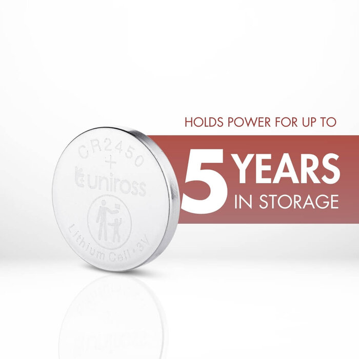 Uniross CR2450 Lithium Knoopcel Batterijen 3V – Blister van 5 stuks | Hoge energiedichtheid & 5 jaar houdbaar