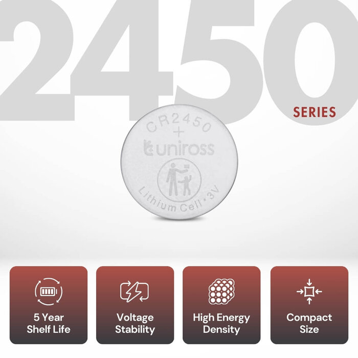 Uniross CR2450 Lithium Knoopcel Batterijen 3V – Blister van 5 stuks | Hoge energiedichtheid & 5 jaar houdbaar