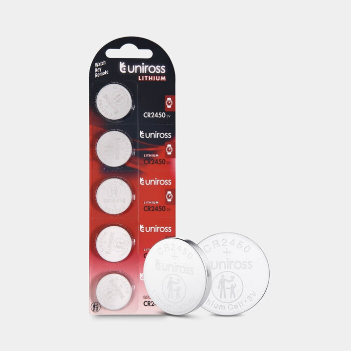 Uniross CR2450 Lithium Knoopcel Batterijen 3V – Blister van 5 stuks | Hoge energiedichtheid & 5 jaar houdbaar