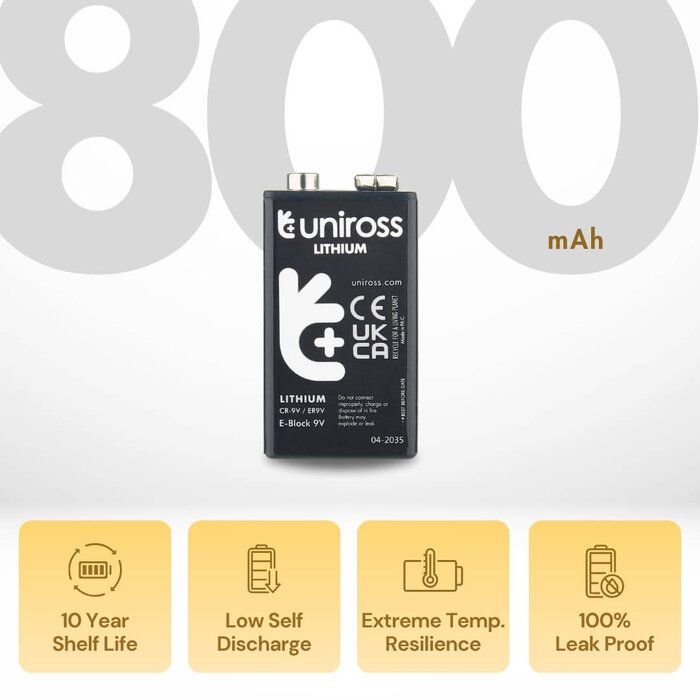 Uniross CR9V Ultra Lithium 9V Batterij – 800 mAh | 10 jaar houdbaar | 1 stuk