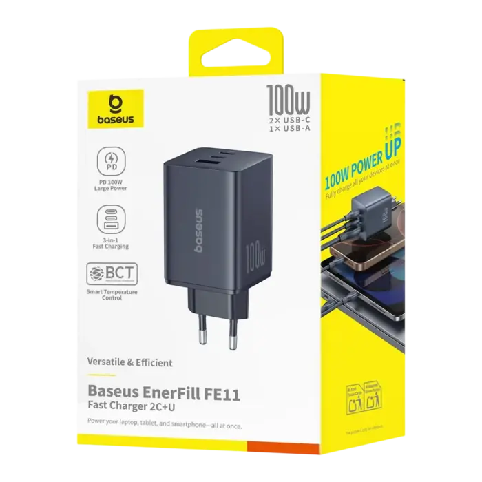Baseus GaN EnerFill FE11 USB Snellader 100W – 2x USB-C PD (100W) + USB-A QC3.0 (22,5W) – 3 Apparaten Tegelijk – GaN 6 – Zwart