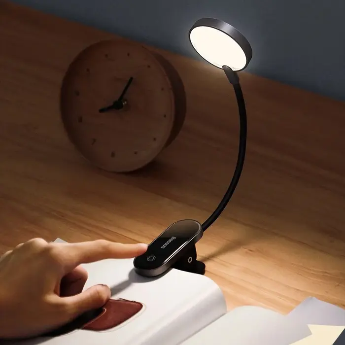 Baseus Comfort Reading Mini Clip Lamp – LED Leeslamp met Clip – 3 Helderheidsstanden – USB Oplaadbaar – 350mAh – 4000K – 360° Flexibele Arm – Donkergrijs