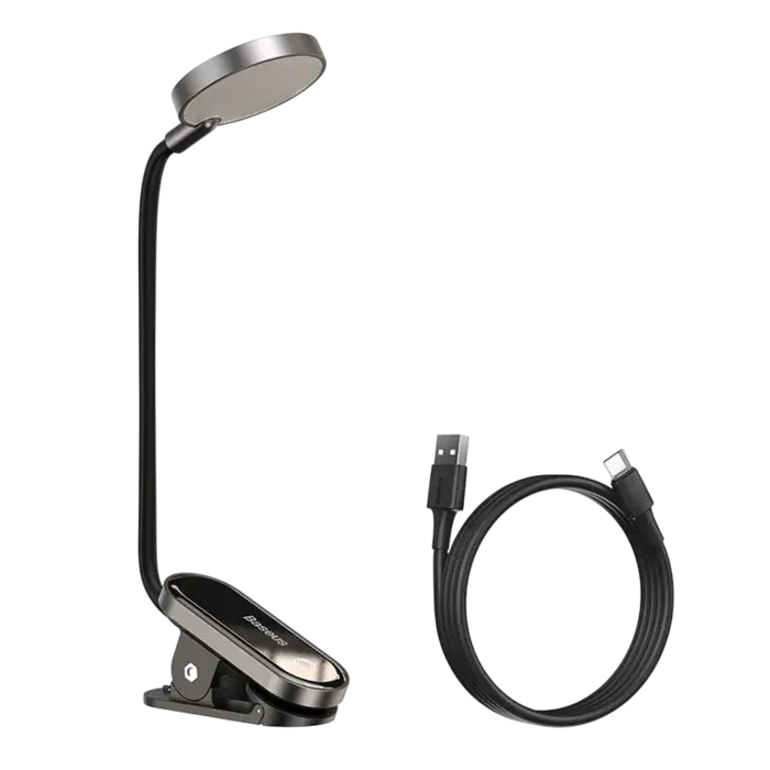 Baseus Comfort Reading Mini Clip Lamp – LED Leeslamp met Clip – 3 Helderheidsstanden – USB Oplaadbaar – 350mAh – 4000K – 360° Flexibele Arm – Donkergrijs