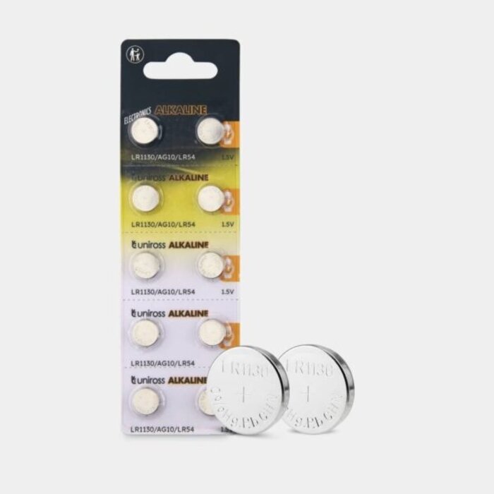 Uniross AG10 LR1130 LR54 Alkaline Knoopcel Batterijen 1.55V - Blister 10 Stuks