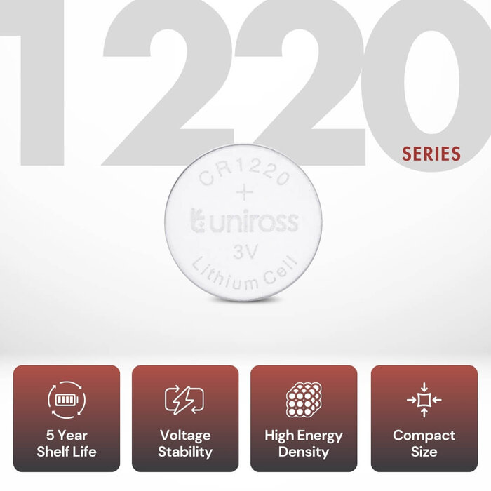 Uniross CR1220 Lithium Knoopcel Batterij 3V 40mAh - Blister 5 stuks | o.a. DL1220 & ECR1220