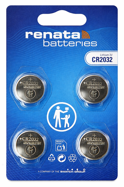 Renata CR2032 Lithium Knoopcel Batterij 3V 225mAh - Blister 4 stuks (o.a. DL2032, ECR2032)