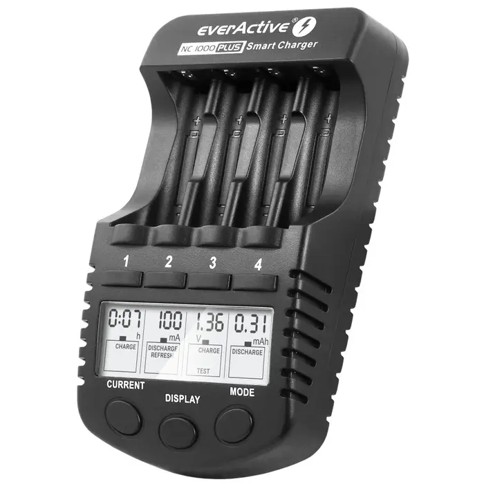EverActive NC-1000 Plus Professionele Batterijlader voor AA/AAA Ni-MH & Ni-Cd Batterijen - 4 Onafhankelijke Laadkanalen met LCD-Display, Refresh-Functie, Netadapter & Autolader
