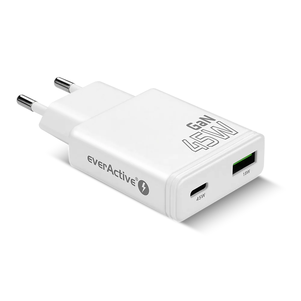 everActive GaN Super Slim Snellader 45W met USB QC3.0 en USB-C PD, slechts 16mm dun