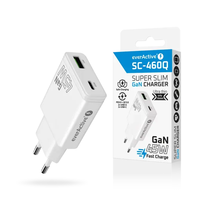 everActive GaN Super Slim Snellader 45W met USB QC3.0 en USB-C PD, slechts 16mm dun