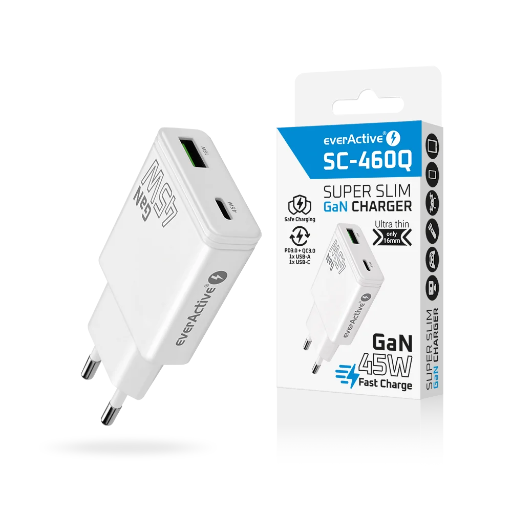 everActive GaN Super Slim Snellader 45W met USB QC3.0 en USB-C PD, slechts 16mm dun