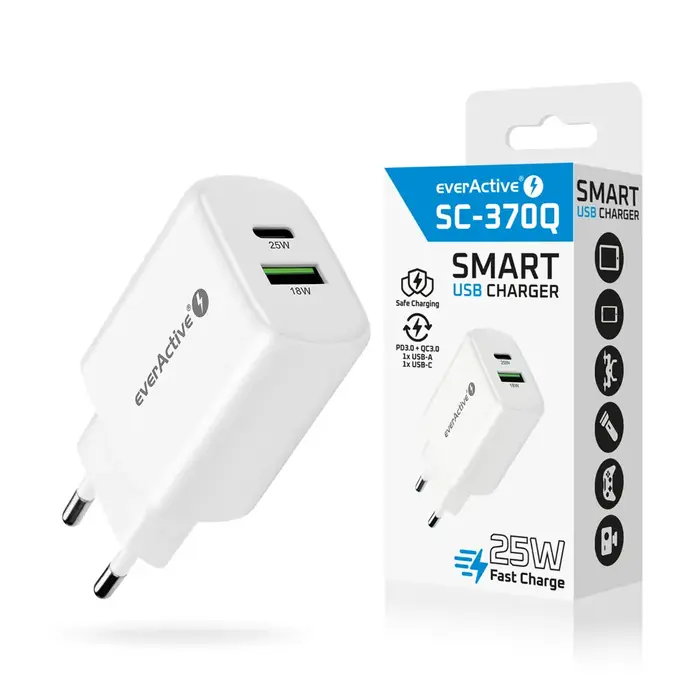 EverActive Compacte Snellader 25W met USB Quick Charge 3.0 en USB-C Power Delivery