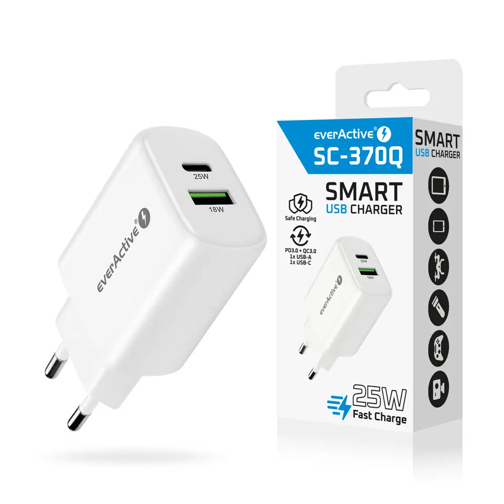 EverActive Compacte Snellader 25W met USB Quick Charge 3.0 en USB-C Power Delivery