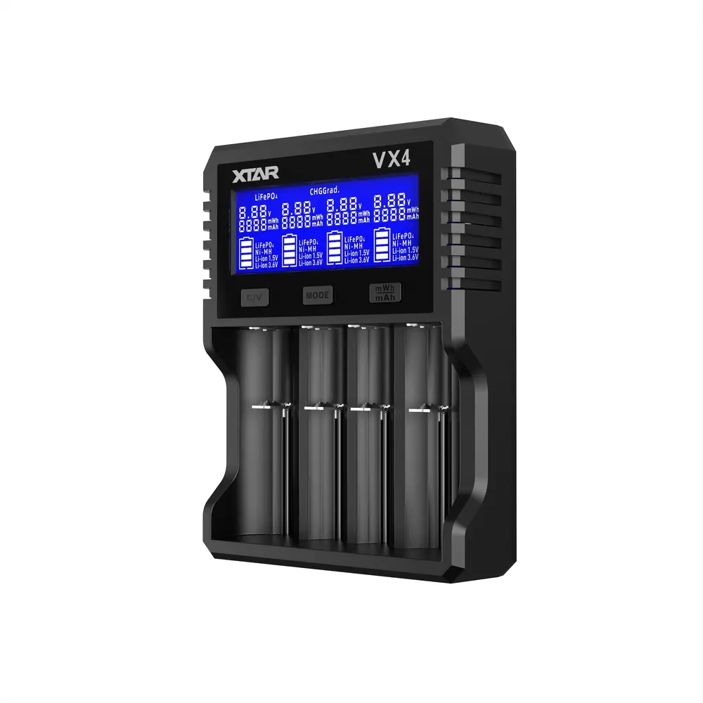 XTAR VX4 v2 Multifunctionele 4-Kanaals Lader voor 1,5V Li-ion, 3,6/3,7V Li-ion, LiFePO4 en Ni-MH